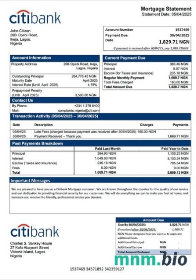 Nigeria Citibank wyciąg z kredytu hipotecznego szablon Word i PDF